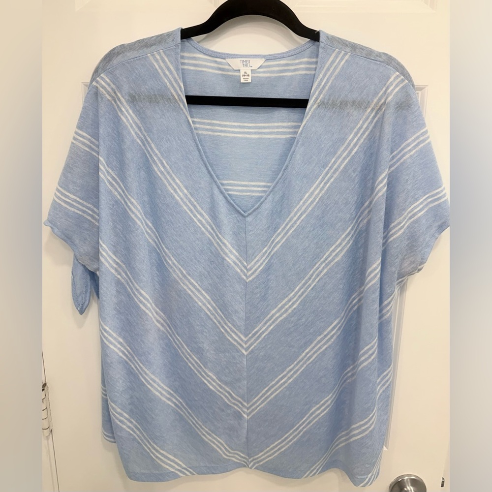 Time and Tru Sky Blue and White Knit Top